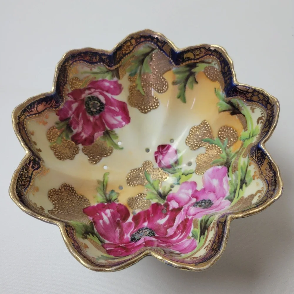 Antique Nippon Berry Strainer Bowl Cobalt Gold Moriage Hand Painted Poppies